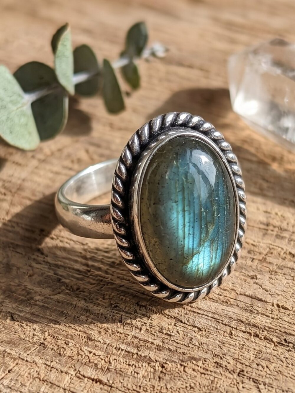 925 Sterling Silver Genuine Labradorite Oval Boho Statement Ring Size 8